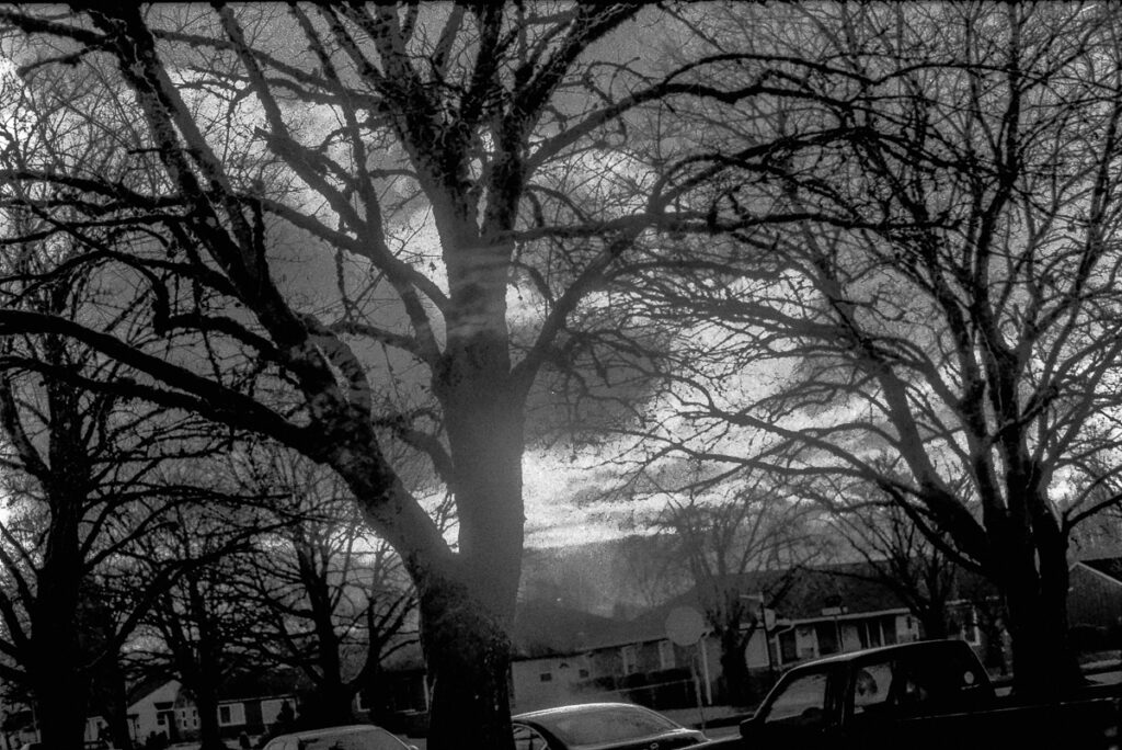 Black and white photo of a cloudy sky with bare trees in the foreground.