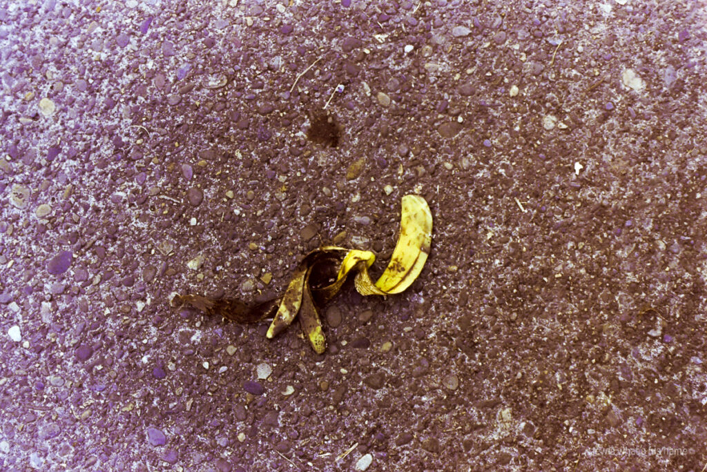 Photo of a banana skin on the pavement